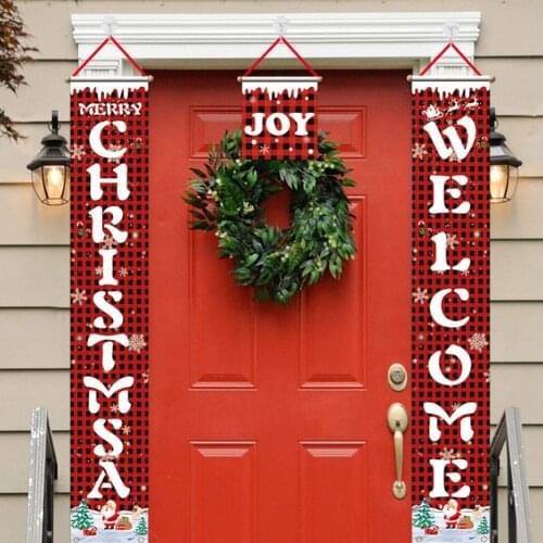 Home Decoration Christmas Creative Porch Sign Red Buffalo Plaid Merry Xmas Welcome Banner Front Door Hanging Sign 3pcs