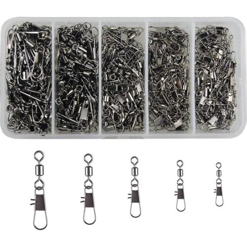 300Pcs/Box Fishing Swivel Snap Kit Rolling Barrel Swivel with Safety Snap Connector Fishing Tackle Accessories
