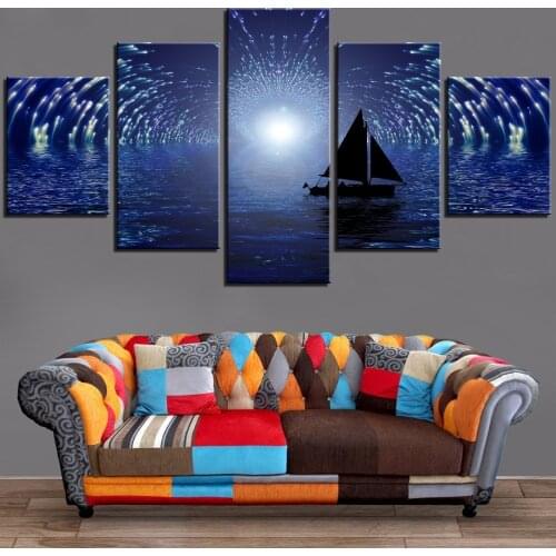 5 Pieces Boat Ship Canvas Painting Sea at Night View Posters Halo Pictures Meteor Stars Wallpapers For Home Decor