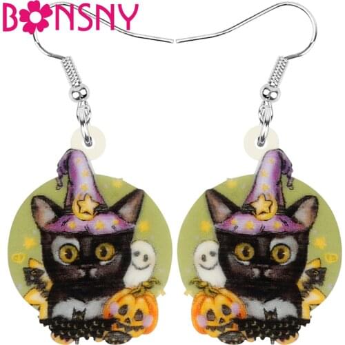 Bonsny Acrylic Halloween Round Cute Cat Earrings Printing Kitten Animal Dangle Drop Jewelry For Women Girl Charm Festival Gift