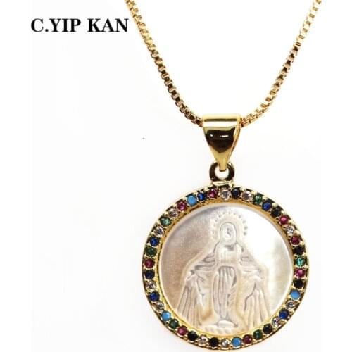 C.YIP KAN hot selling shell Mary pendant necklace gold-plated copper micro color CZ necklace for feminine charm jewelry gift