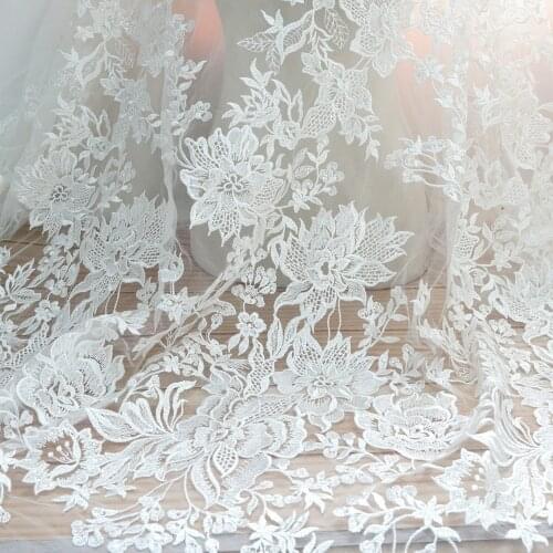1 Yard Exquisite Flower Embroidery lace fabric with Clear sequins dress lace fabric For Wedding Gown Bridal dress Evening Prom