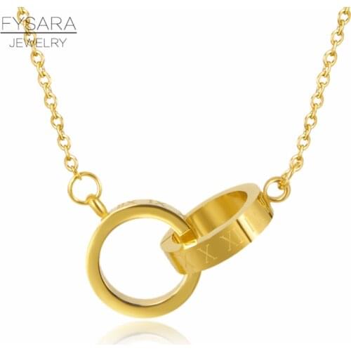 FYSARA Classic Brand Love Two Circle Double Buckle Necklace Roman Numeral Flower Clover Necklace Stainless Steel Gold Clavicle
