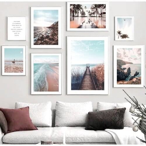 Coconut Tree Bridge Sea Wave Beach Ocean Wall Art Canvas Painting Nordic Posters And Prints Wall Pictures For Living Room Decor