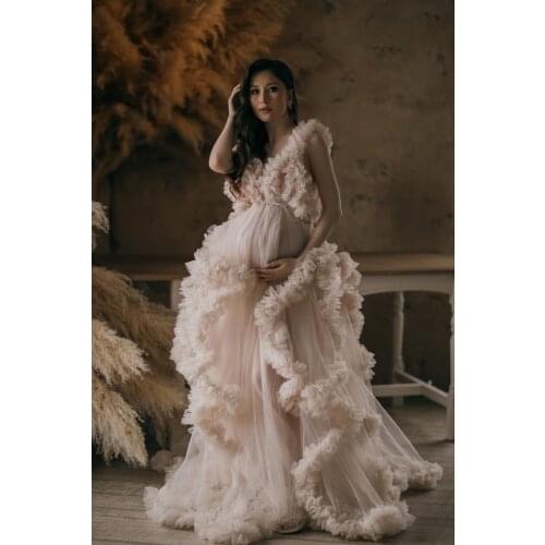 Fashion Maternity Dress for Photoshoot or Babyshower Puffy Ruffled Tulle Long Prom Dresses Plus Size Draped Photo Prop Dress