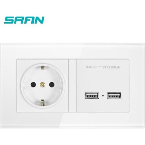 SRAN 2gang wall power socket and dual usb 5V2.1A Crystal tempered glass panel 146mm* 86mm white/black/gold socket with usb