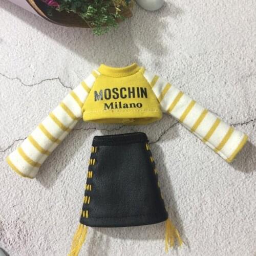 New 2pcs/set Handmade Leather Skirt+Long Sleeve Sweater for Barbies,ob24,azone,Blyth Dress Doll Clothing Accessories