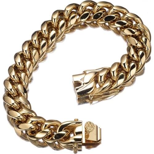 14mm New Men/Women Dragon Claw Buckle Bracelet Bangle Stainless Steel Gold Tone Fashion Cuban Miami Drill Button Chain 7-11inch