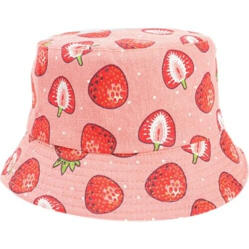 Unisex Cute Strawberry Fruit Print Bucket Hat Reversible Harajuku Hip Hop Sunscreen Foldable Panama Fisherman Cap