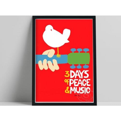 1969 Woodstock Festival Poster, Abstract Red Background Instrument Pigeons Art Canvas Painting, Vintage Art Prints Wall Decor