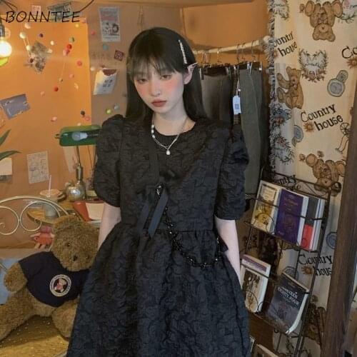 Dresses Women Puff Sleeve Solid Black Leisure O-Neck Soft Elegant Evening Party Club Simple Trendy Streetwear Mujer Daily Cozy