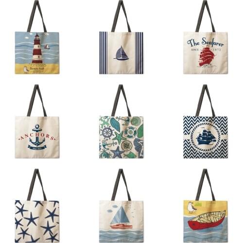 Beach theme tote bag Shoulder bag Linen fabric casual tote bag Foldable shopping bag Reusable beach bag