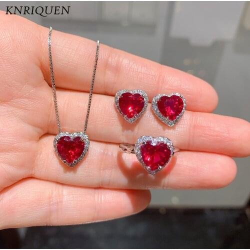 Heart-Shape Gemstone Pendant Necklace Earrings Ring Charms 925 Sterling Silver Ruby Stone Diamond Wedding Jewelry Set for Women