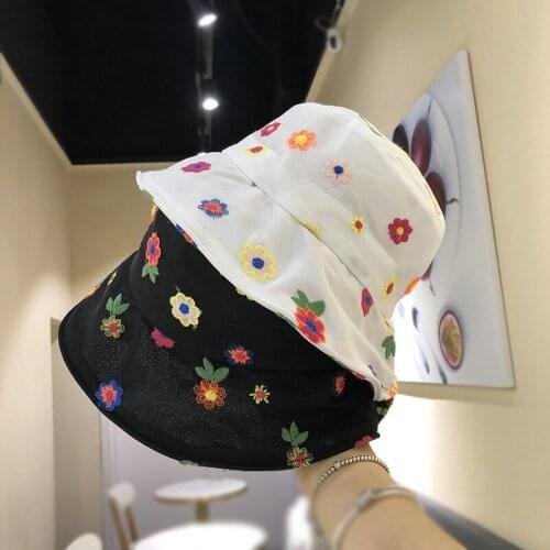 Daisy Gauze Panama Fisherman Hat Embroidery Transparent Foldable Ladies Fisherman Summer Hip-hop Bob Hat Flower Embroidery Lace
