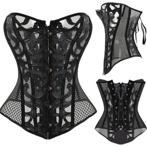 Plus Size 6XL Sexy Mesh Corsets and Bustiers Elastic Plastic Bone Net Hollow Out Underwear Clothing Corset Body Shapewear Black