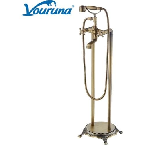 VOURUNA Luxury Antique Brass Floor Standing Tub Faucet Free Mounted Bath Filler Mixer Taps
