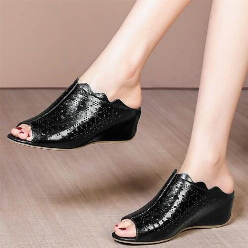 Punk Slippers Women Genuine Leather Wedges High Heel Gladiator Sandals Female Summer Open Toe Mules Low Top Pumps Casual Shoes