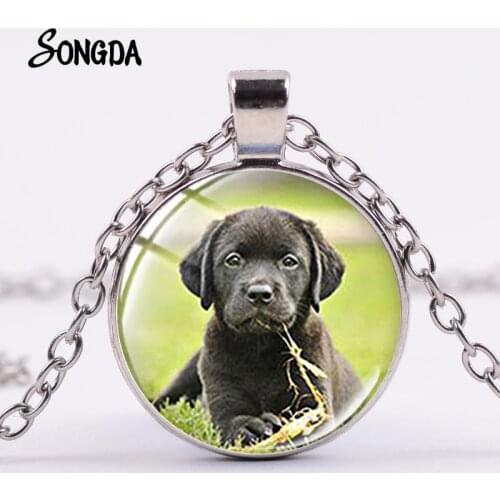 Pet Dog Labrador Necklace Border Pug Chihuahua Art Picture Glass Cabochon Round Pendant Necklace Cute Animal Jewelry Family Gift
