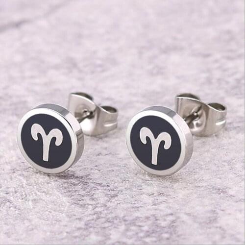 Titanium 316L Stainless Steel 8mm Stud Earrings 12 zodiac signs Oil Aries No Fade Allergy Free