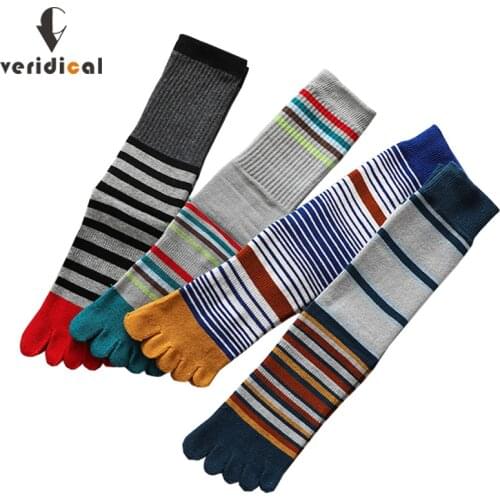Veridical 5 Pairs/Lot Large Size Combed Cotton Five Finger Socks Man Striped Business Compression Party Dress Crew Toe Socks