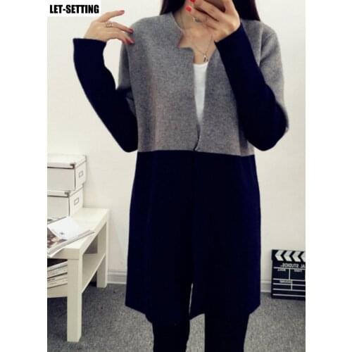 Spring and autumn lady coat Korean version of the retro stitching contrast color sweater woolen slim long warm outwear free size