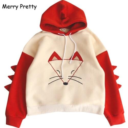 MERRY PRETTY Womens Hooded Sweatshirts Cartoon Fox Embroidery With Ears On Hood Hoodies Harajuku Kawaii Plus Velvet Pullover