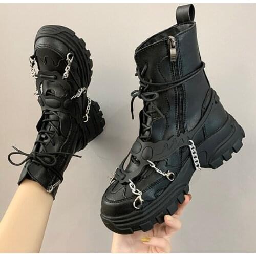 Shoes Women Ankle Boots Lace Up Casual Worker Army Black Goth Shoes Autumn Fashion Chain High Quality Martin Boots Women 2021
