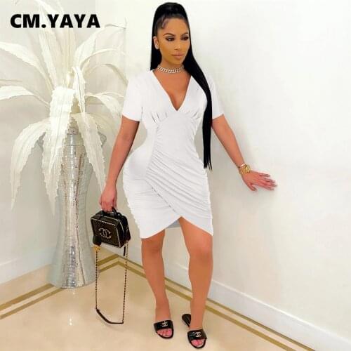CM.YAYA Women Mini Dress Solid Short Sleeve V-neck Stacked Stretchy Bodycon Dresses Fashion Party Vestidos Summer Outfits 2021