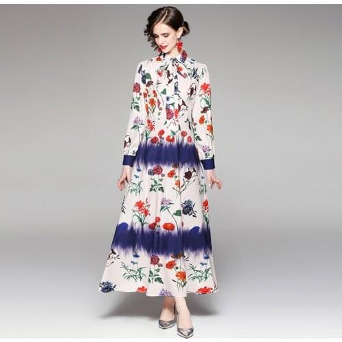 Autumn Fashion Runway Colorful Maxi Dress Womens Wrist Sleeve Flower Print Elegant Vintage Long Party Vestidos k7467