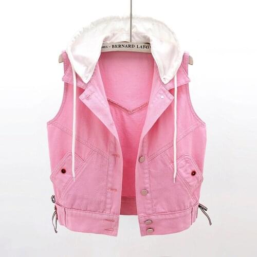 Pink white hooded denim vest 2020 spring summer NEW women sleeveless denim vests Korean fashion strings waistcoa JC234