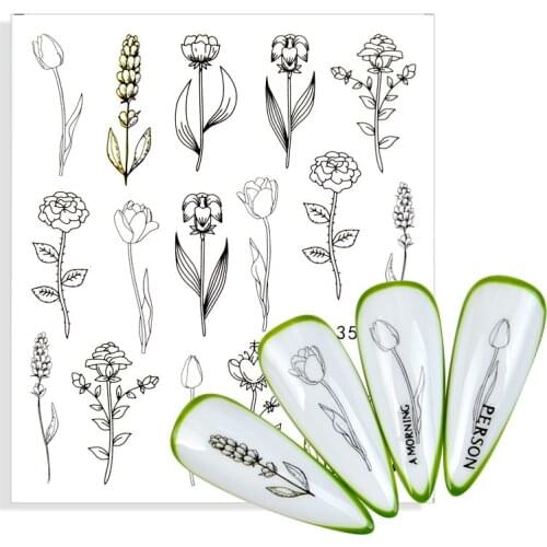 1 Sheet Image Black Flower Leaves Water Nail Art Stickers Abstract Simple Sliders for Nails Summer Flowers Manicures Decorations