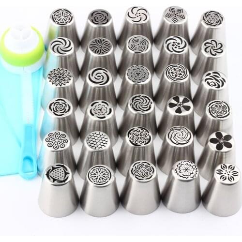 1Pcs Silincon Bag 1Pcs Brush 1Pcs coupler converter+30Pcs Cake Icing Stainless Steel Piping Nozzle Pastry Tips Russian Nozzles
