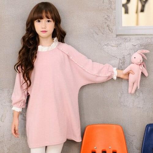 2018 Girl Autumn loose Dress 100% Cotton Kids Pearls Long Sleeves Dresses teenage girls clothing For 3-14 Years