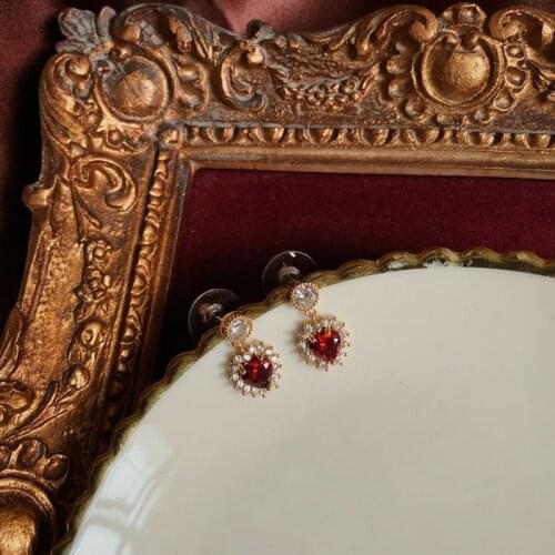 925 Sterling Silver Plated 14K Gold Retro Vintage Fancy Luxury Shiny Zircon Love Ruby Earrings Jewelry for Women 2020 New