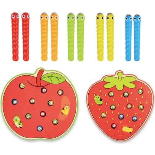 Apple Strawberry Kids Wooden Toys Catch Worms Games with Magnetic Stick Montessori Educational Creature Blocks Interactive Toys