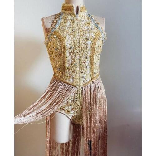 Bodysuit Womens Birthday Celebrate Outfit Bar Show Singer Dance Clothes Gold Embroidery Pearls Rhinestones Sleeveless Tassel