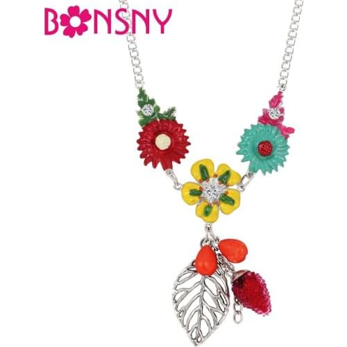 Bonsny Original Enamel Alloy Colorful Flower Leaf Necklace Choker Chain Collier Long Pendant Plant Jewelry For Women Girl Bijoux
