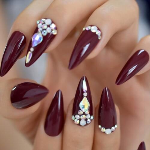 Long Stiletto Tips Deep Red Press on False Nail Gloosy Surface With Stone For Party With Adhesive Tabs