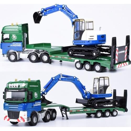 Exquisite 1:50 flatbed trailer&excavator alloy model,simulation of die-casting engineering transport truck gifts,free shipping