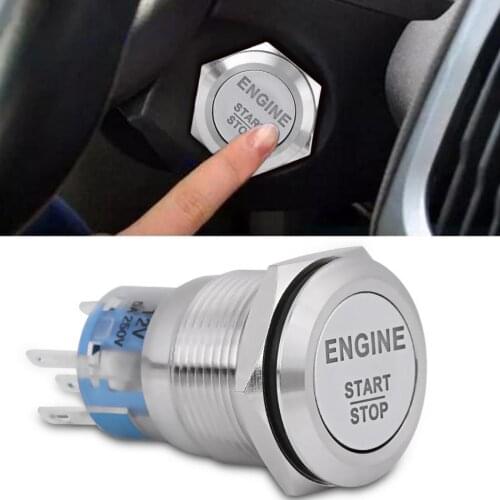 Car Engine Start Stop Push Button Switch Ignition Switch 19mm 12V White LED Silver /Black