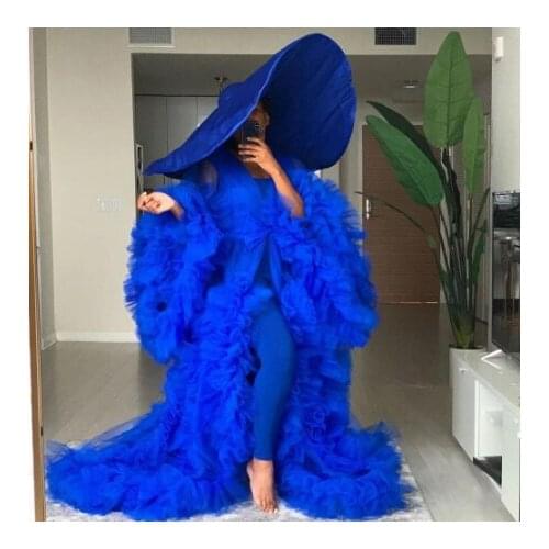 Royal Blue Extra Puffy Tulle Dresses Long Sleeves Sheer See Through Women Tulle Maternity Dress Plus Size For Photography