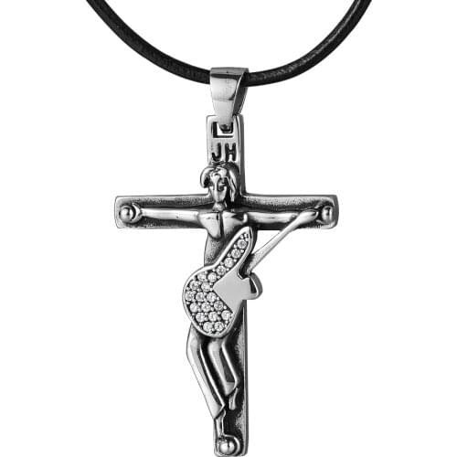 3 Colors Stainless Steel Guitar Cross Pendant Necklace With Black Rope Chain Men Necklaces Friend Jewelry Gift Johnny Hallyday