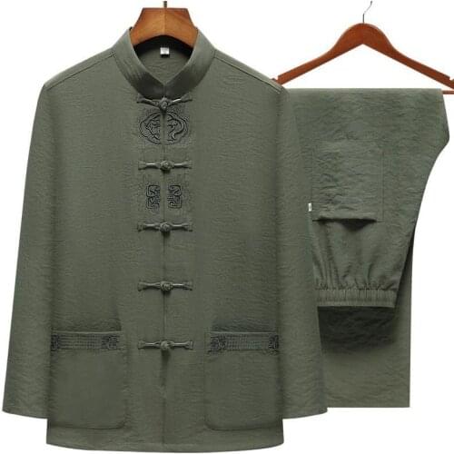 Mens Cotton Linen Wu Shu Clothing Traditional Chinese Retro Embroidery Hanfu Long Sleeve Shirt Long Pant Kung Fu Tai Chi Suit