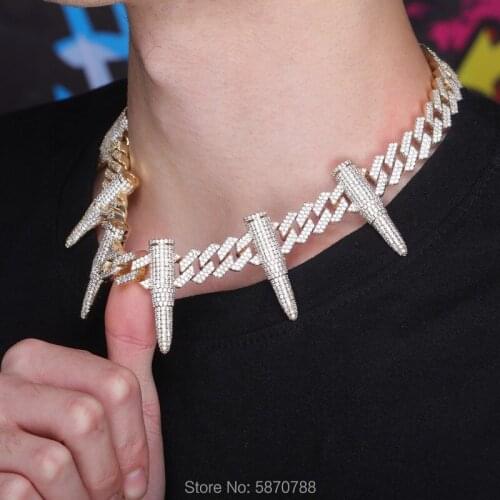 14mm hip hop big Gold Plated Iced Out Spiked Bullet Orange Cuban Link Chain Zircon Necklace Chocker for men