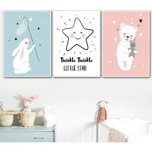 Bunny Bear Stars Moon Cloud Heart Nursery Wall Art Canvas Painting Nordic Posters And Prints Wall Pictures Baby Kids Room Decor