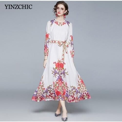 New 2021 Sping Woman Maxi Dress Sash Waisted Female Casual Prairie Chic Long Dress for Woman Floral Print A-line Vestidos Femme