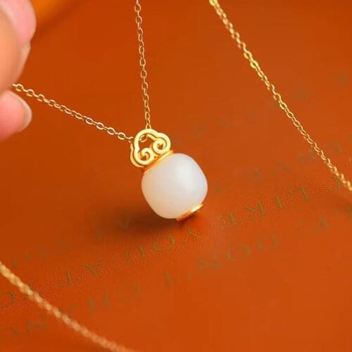 New silver inlaid natural Hetian white jade cylinder Pendant Necklace Chinese classical charm lady high sense brand jewelry