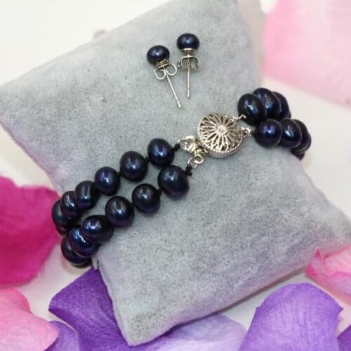 Original design natural 7-8mm black pearl beads 2 rows bracelets earrings for women bride gifts charms jewelry set 7.5inch B3024
