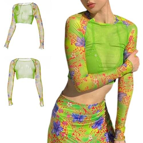 Sexy women round neck top,casual long sleeve T-shirt mesh screen printing perspective ashion design,short slim fit,exposed navel