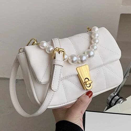 Lattice Square Crossbody Bag 2021 Summer New High-quality PU Leather Women Designer Handbag Chain Strap Shoulder Bag with Pearl